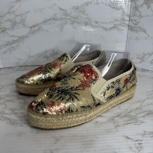 Toni Pons Shoes Womens SZ 10 Gold Floral flip Sequin Espadrille Platform Slip On